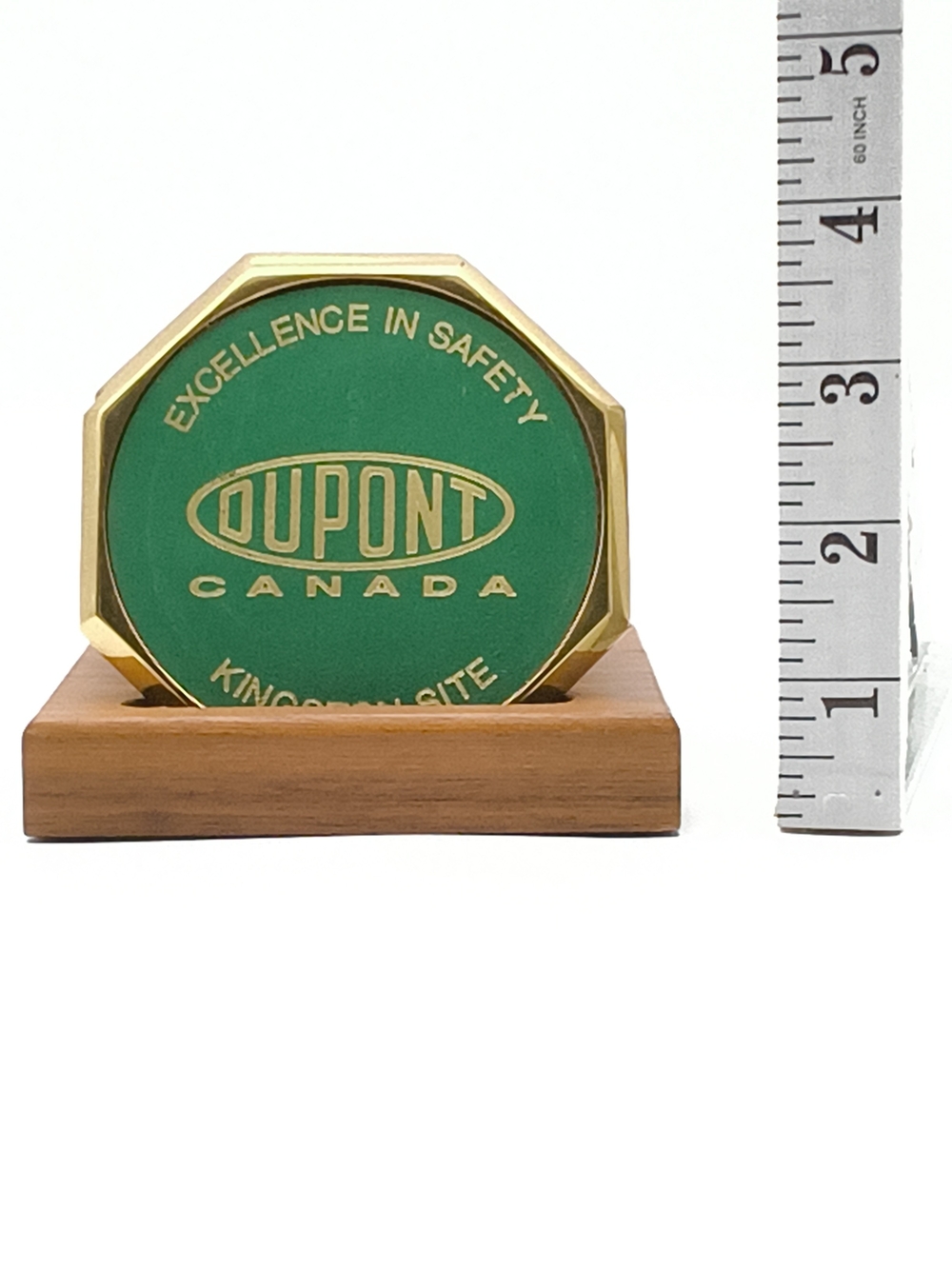 Vintage DuPont Canada Brass & Green Coaster Set with Wood Base – Kingston Site - Picture 2 of 10